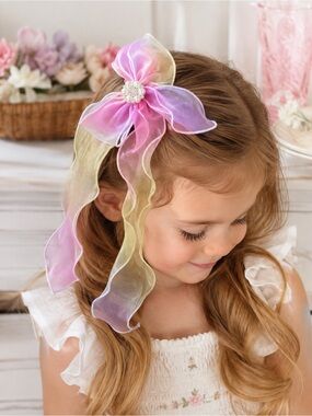 Girls Pearl Pastel Ribbon Flower Hair Clip - Pink, Purple, Yellow